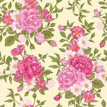 Romantic seamless pattern with pink roses on a light background. Vector illus 스톡 일러스트