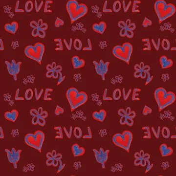 Romantic seamless pattern of red and blue watercolor hearts, flowers, love word Stock Illustration