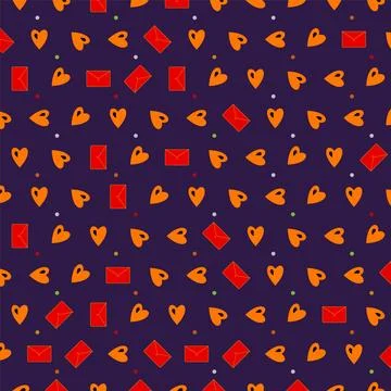 Romantic seamless pattern with red envelopes and orange hearts for St. Vale.. Stock Illustration