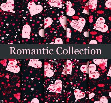 Romantic seamless pattern set. Love background with hearts, berries and lips. Stock Illustration