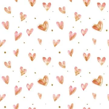Romantic seamless pattern with traced light pink watercolor hearts and golden Stock Illustration