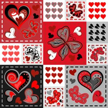 Romantic seamless patterns in patchwork style. Vector hand drawing barrefly and Stock Illustration