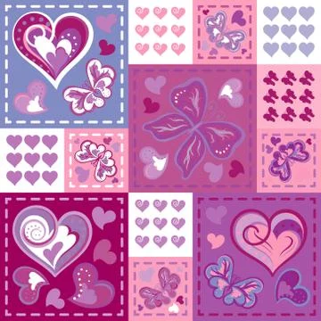 Romantic seamless patterns in patchwork style. Vector hand drawing barrefly and 스톡 일러스트