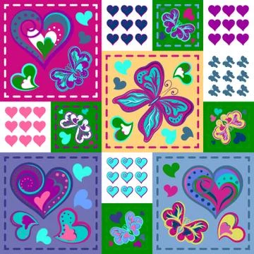 Romantic seamless patterns in patchwork style. Vector hand drawing barrefly and 스톡 일러스트