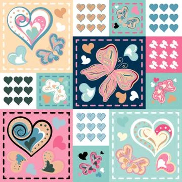 Romantic seamless patterns in patchwork style. Vector hand drawing barrefly and 스톡 일러스트