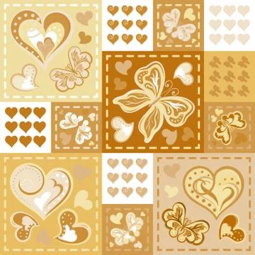 Romantic seamless patterns in patchwork style. Vector hand drawing barrefly and Stock Illustration