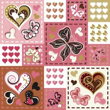 Romantic seamless patterns in patchwork style. Vector hand drawing barrefly and Stock Illustration