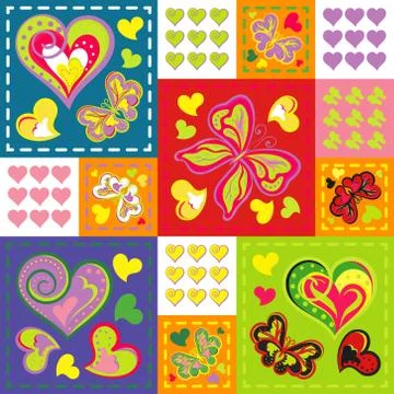 Romantic seamless patterns in patchwork style. Vector hand drawing barrefly and Stock Illustration