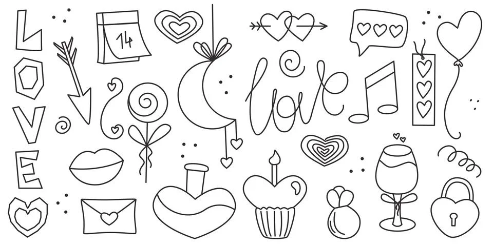 Romantic set of elements for Valentine s Day and wedding in doodle style Stock Illustration