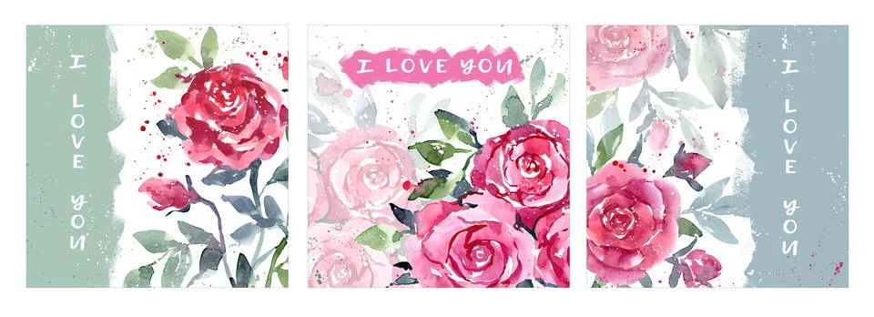 Romantic set of postcards with bouquets of red watercolor roses 库存插图