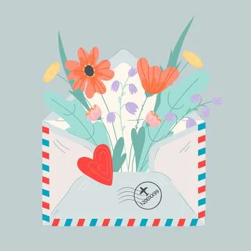 Romantic spring and summer image of mail letter envelope with flowers inside, Stock Illustration