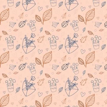 Romantic spring background. Drawn flowers, hearts, leaves, letters, ladybugs. Stock Illustration