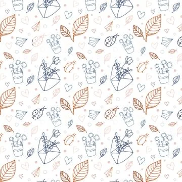 Romantic spring background. Drawn flowers, hearts, leaves, letters, ladybugs. Stock Illustration