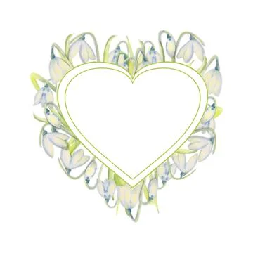 Romantic spring frame with snowdrops on the outer edge on a white isolated Stock Illustration