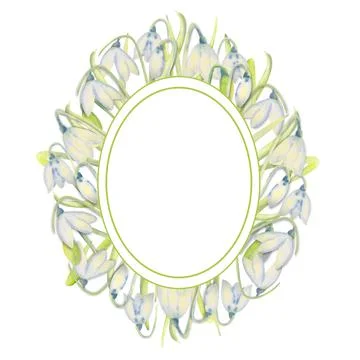 Romantic spring frame with snowdrops on the outer edge on a white isolated Stock Illustration