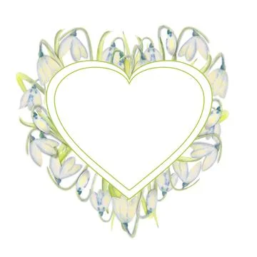 Romantic spring frame with snowdrops on the outer edge on a white isolated Stock Illustration