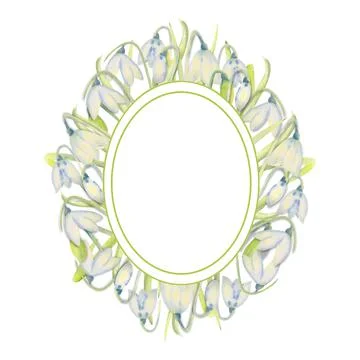 Romantic spring frame with snowdrops on the outer edge on a white isolated ba Stock Illustration