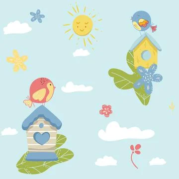Romantic spring pattern with birds, flowers sun. Seamless pattern can be used Stock Illustration