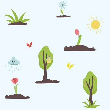 Romantic spring pattern with birds, flowers sun. Seamless pattern can be used Stock Illustration