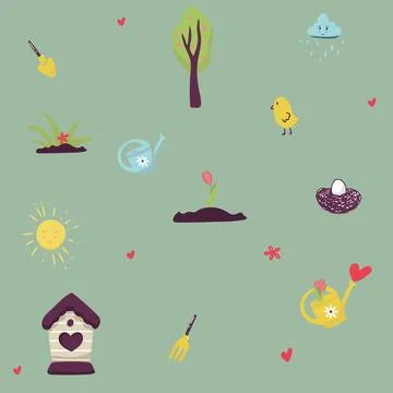 Romantic spring pattern with birds, flowers sun. Seamless pattern can be used Illustrazione stock