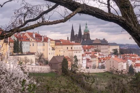 Romantic spring view of Prague Castle and surrounding historical center panorama Stock Photos