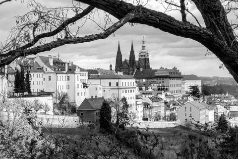 Romantic spring view of Prague Castle and surrounding historical center panorama Stock Photos