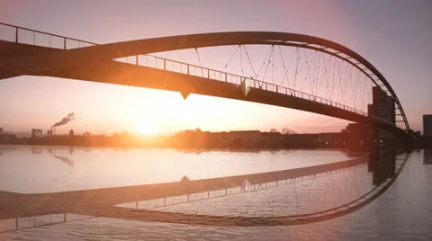 Romantic sunset. bridge landscape. lake pond. slow motion Stock Footage 33791490