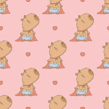 Romantic Superhero Capybara Seamless pattern. Cute Cartoon kawaii animal in red Stock Illustration