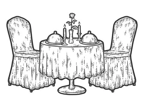 Romantic table. Romantic dinner. Valentines Day. Engraving vector illustration. Stock Illustration