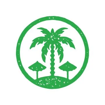 Romantic tropical circle frame logo with palm tree island and two sunbathin.. Stock Illustration
