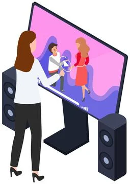 Romantic TV program with people in love before wedding. Lady watches video of Stock Illustration