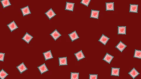 Romantic Valentine Day Seamless Pattern with Heart Postage Stamps on Red Stock Footage 345539913