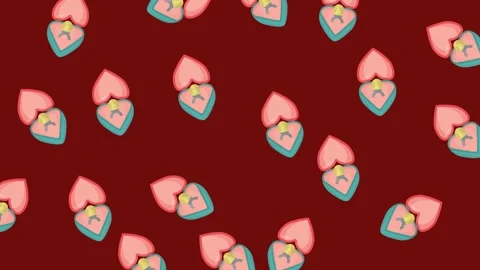 Romantic Valentine Pattern of Heart Shaped Boxes with Engagement Rings on Red Stock Footage 345539904