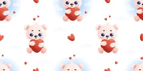 Romantic valentine seamless pattern. Cute cartoon polar bear with hearts on Stock Illustration