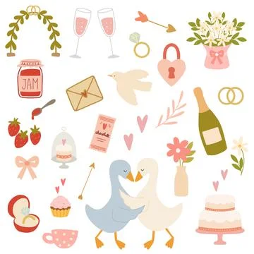 Romantic valentine's day elements celebrating love and wedding Stock Illustration