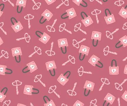 Romantic Valentine's Day Pattern with pink Keys, lock and Hearts Stock Illustration