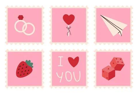 Romantic Valentines day postage stamp set with engagement rings, heart ball.. Stock Illustration
