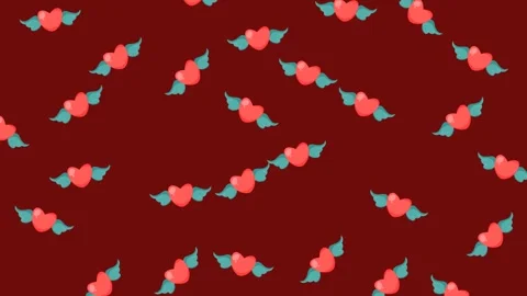 Romantic Valentine's Day Seamless Pattern with Flying Winged Hearts on Red Stock Footage 345539900