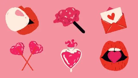 Romantic vector icons pack pixel art. 8-bit sprite. Valentine's Day stickers Stock-Illustration