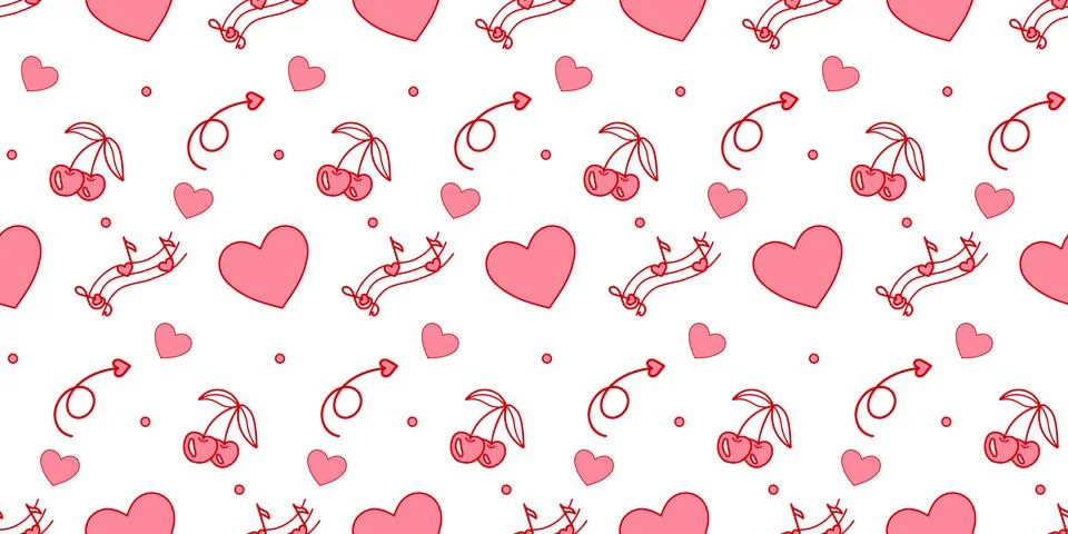 Romantic vector seamless pattern with cute pink hearts, cherries Illustrazione stock
