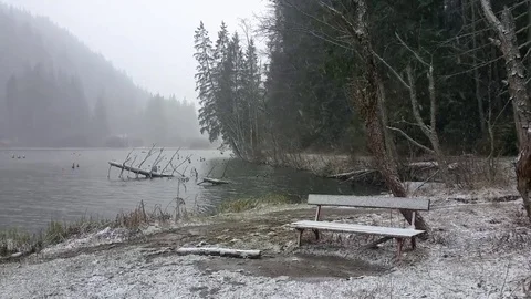 Romantic view of bench covered in snow on the shore of a lake while snow is f Stock Footage 77017328