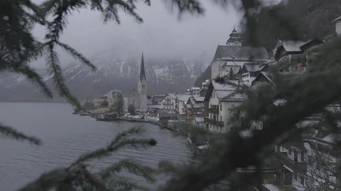 Romantic view of Hallstatt in winter time, 4k, s-log Stock Footage 122695335