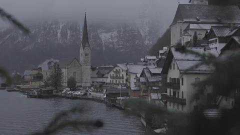 Romantic view of Hallstatt in winter time, 4k, s-log Stock Footage 122695552