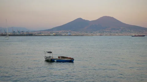 Romantic view on Vesuvius at sunset from Naples promenade Stock Footage 150912466