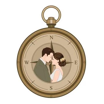 Romantic vintage compass vector illustration with a cozy couple Stock Illustration