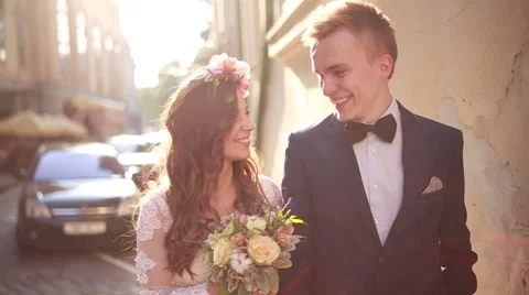 Romantic Wedding Concept Bride Holding Hand Walking Stock Footage