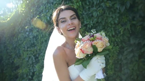 Romantic Wedding Concept Bride Holding Flowers Forest Walking Stock Footage 71255416