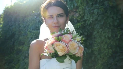 Romantic Wedding Concept Bride Holding Flowers Forest Walking Stock Footage 71255526