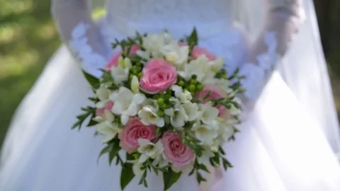 Romantic Wedding Concept Bride Holding bouquet of flowers Видео 71385880