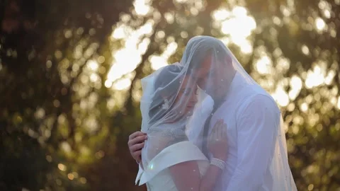 Romantic wedding moment: Young bride and groom under veil in garden Stock Footage 334013571
